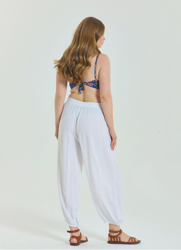 Elastic Waist Relaxed Cut White Plus Size Trousers 4628
